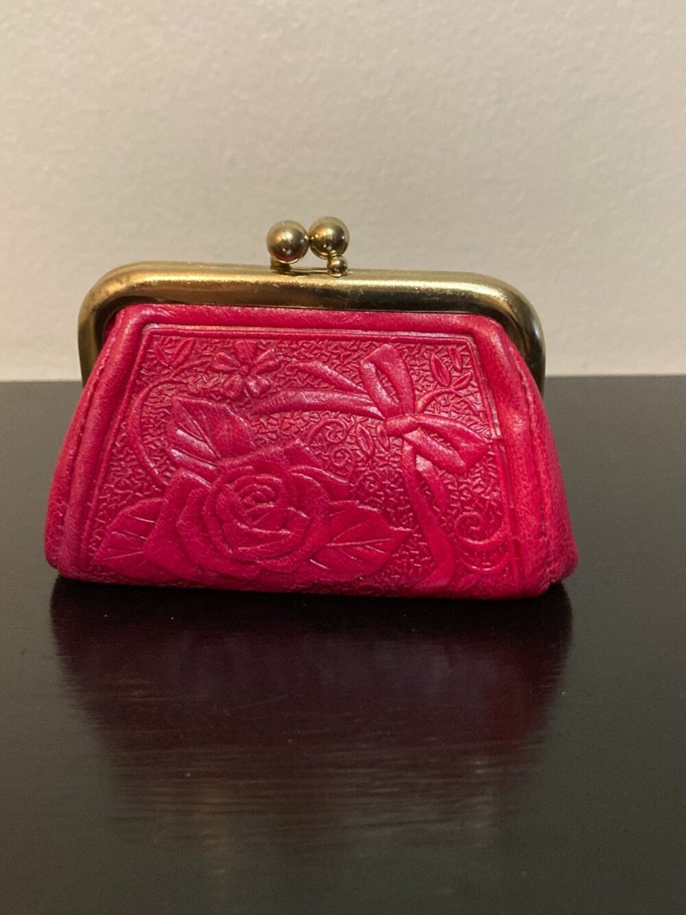Pink Embossed Genuine Leather Coin Purse - Rose & Ribbon Design Brass Closure